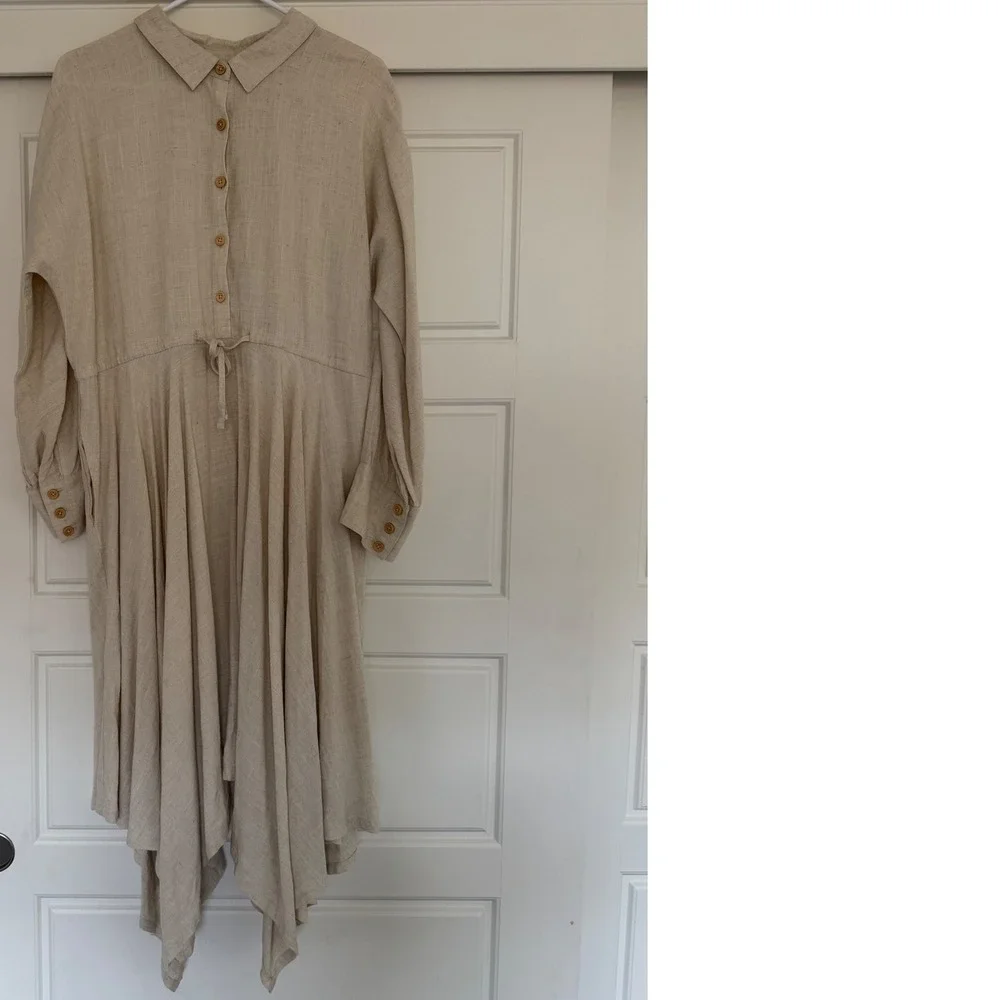 Anthropologie MoVint sz L Women Linen TieWaist Collared Button Dress Cottagecore - Picture 2 of 11
